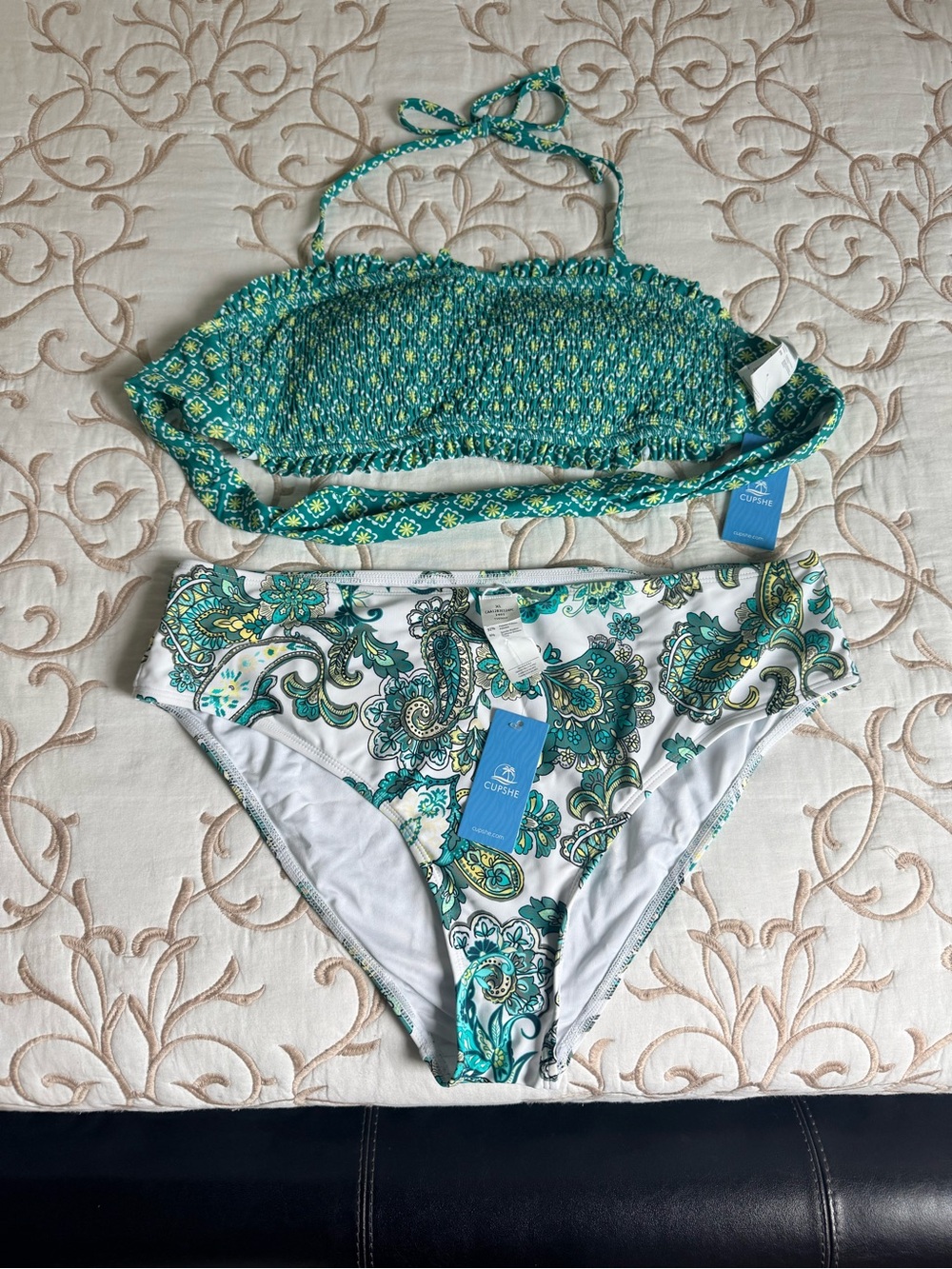 Cupshe Green & White Paisley Two-Piece Swim Set